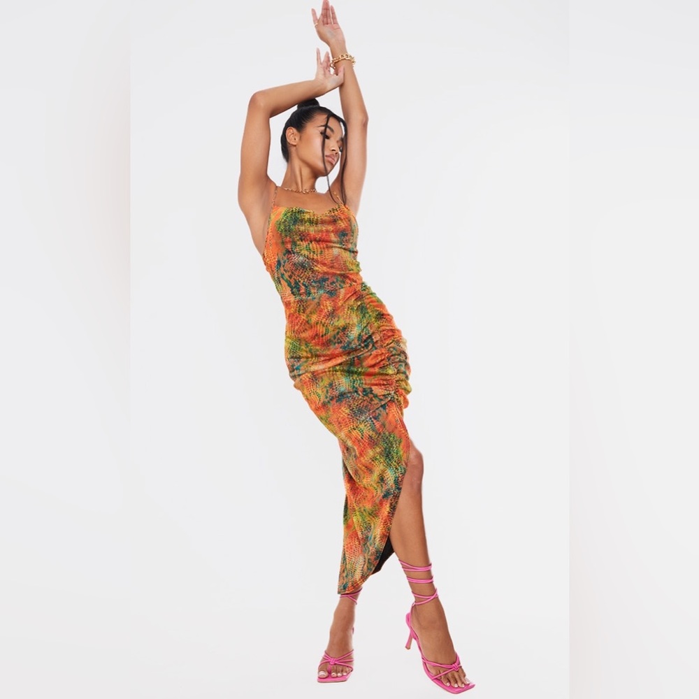 Pretty Little Thing - Multi Snake Mesh Cowl Neck Ruched Skirt Midi Dress